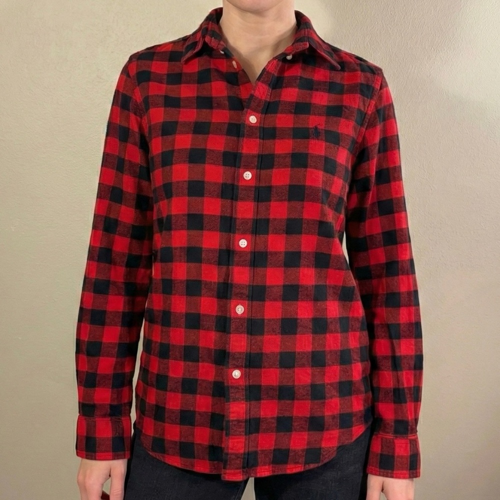 Ralph Lauren 100% Cotton Buffalo Plaid Flannel Shirt Red Black Pony Logo S EUC